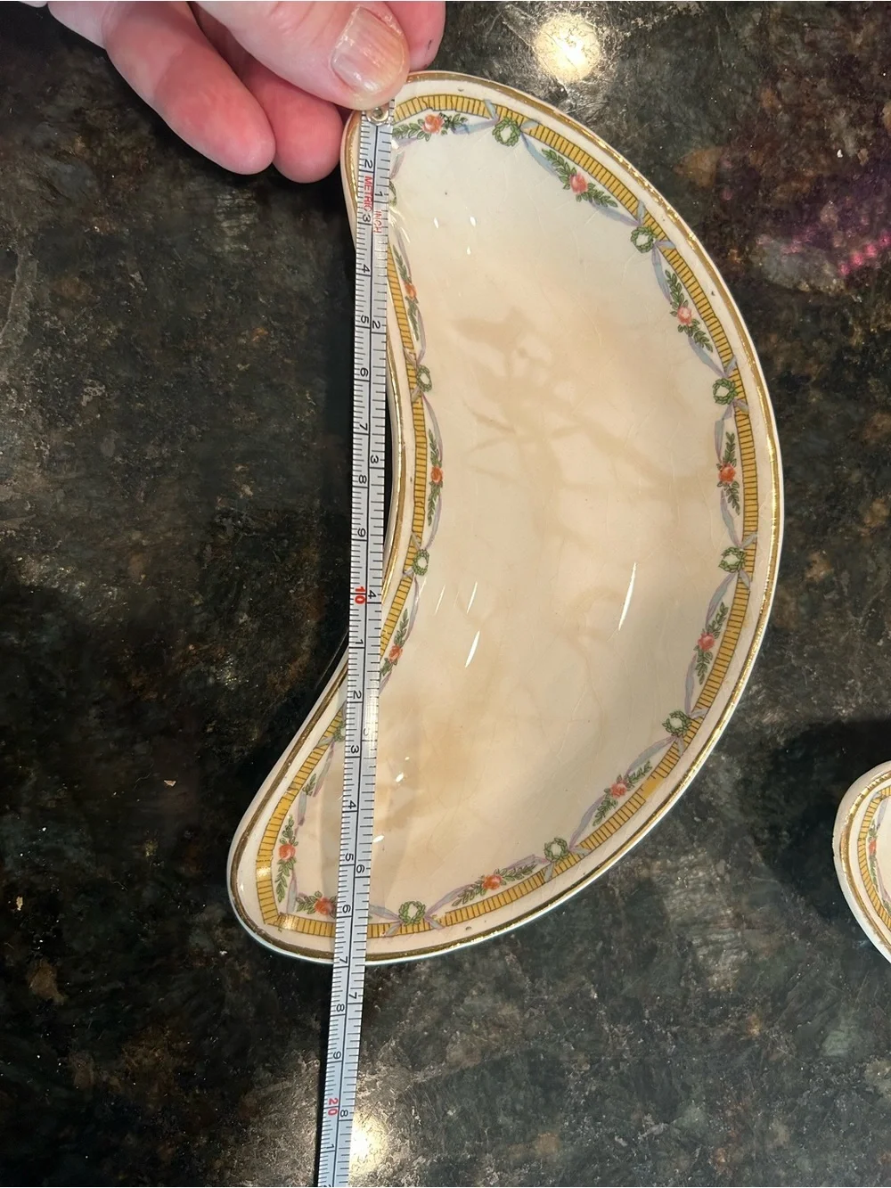 Vintage Bone Dishes Cream Crescent with Gold and Floral Border (5set)